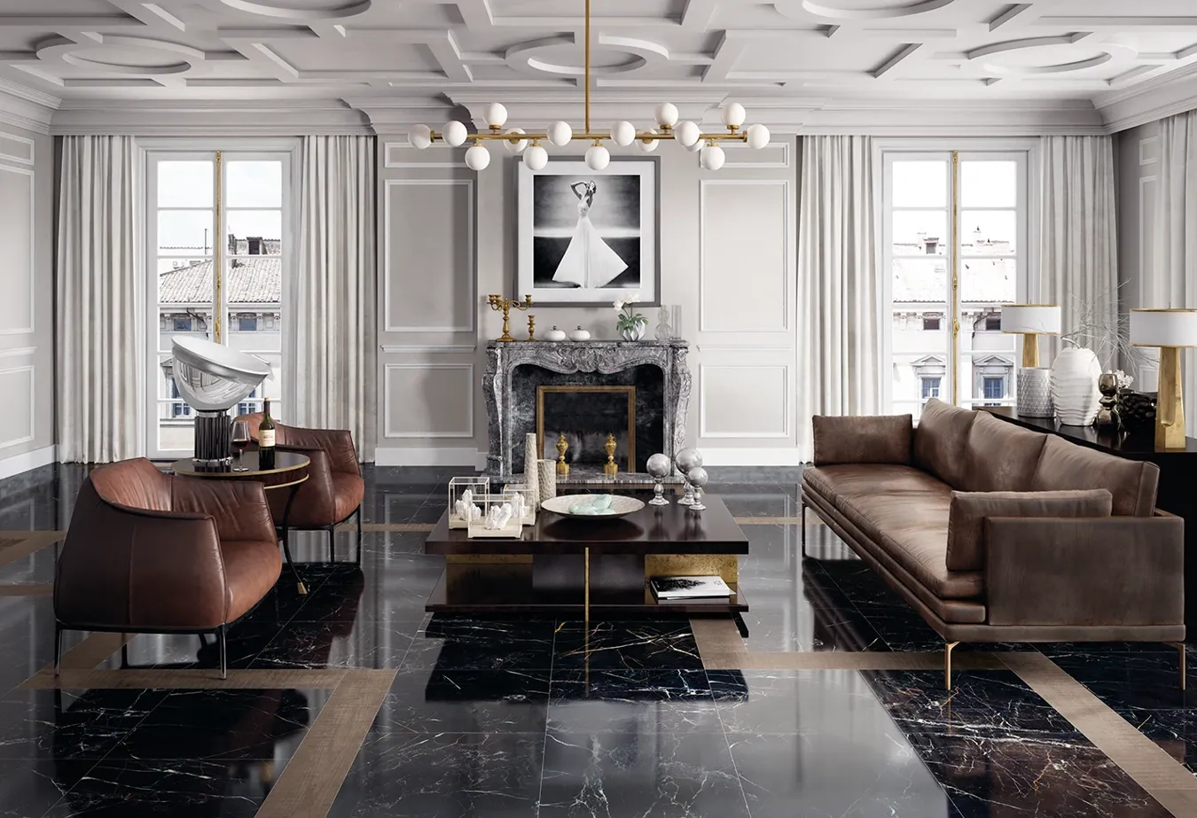 Роскошный интерьер с напольной плиткой под мрамор Port Laurent из коллекции Elements Lux, дополненный коричневой кожаной мебелью и золотыми акцентами.