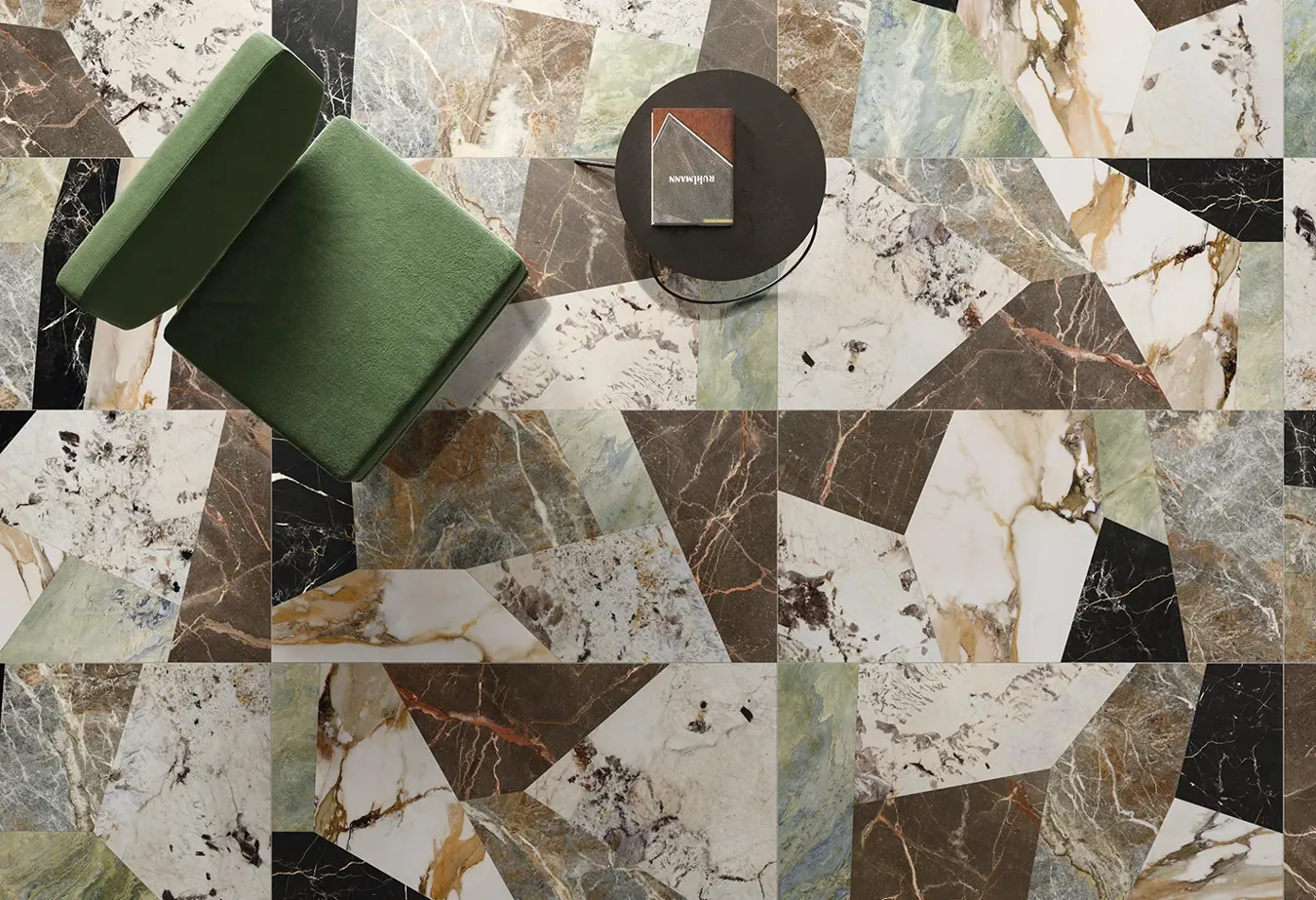 Patchwork of colorful marble-effect porcelain stoneware from the 9cento collection, Metamorfosi variant, with modern furnishing details.