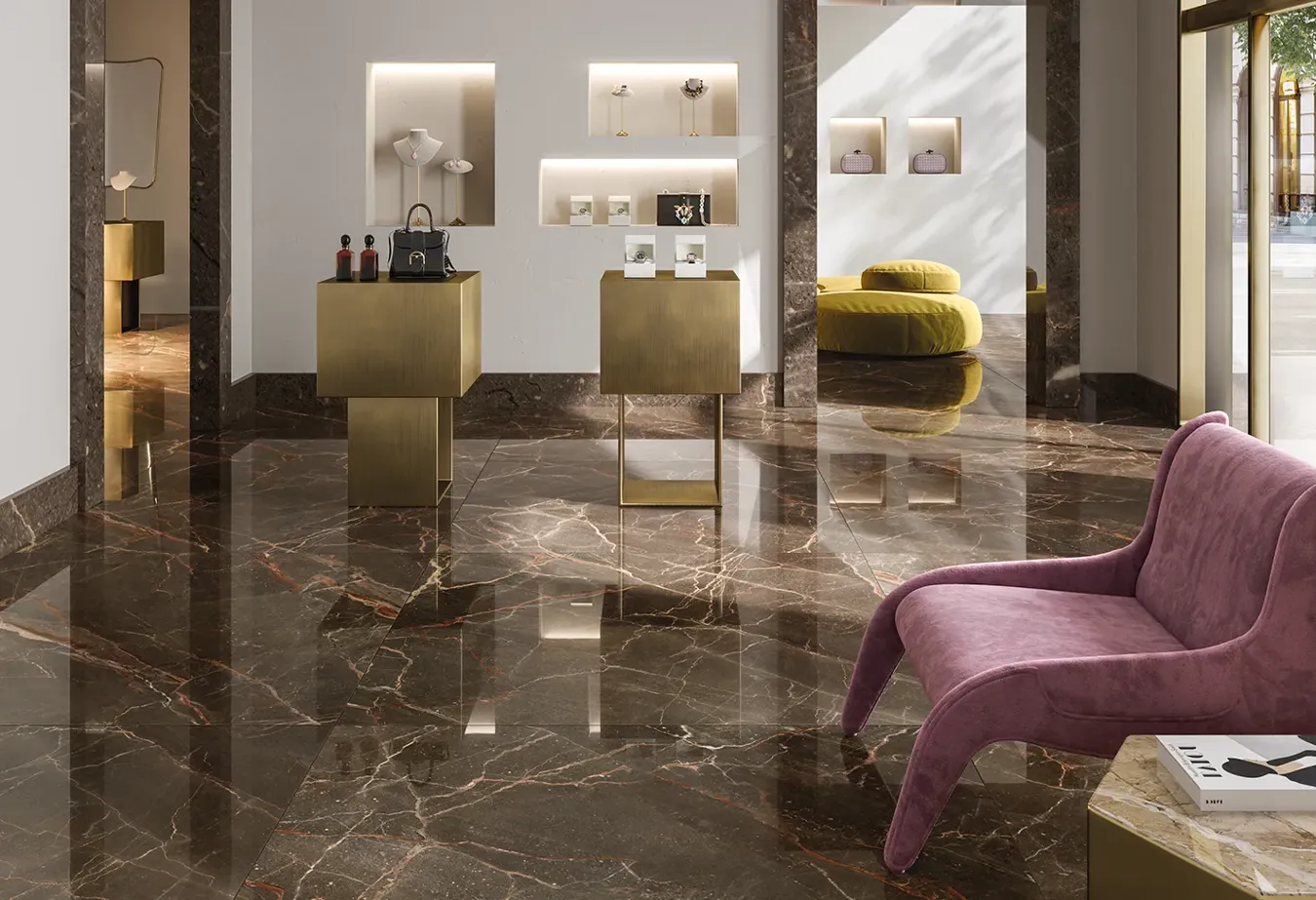 Sophisticated Ombra Moca marble-effect porcelain stoneware flooring from the 9cento collection, paired with bronze furnishings and pink velvet details.