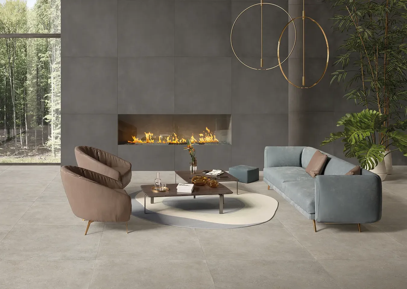 Luxurious living room with a fireplace clad in metal and concrete effect tiles, elegant furniture, and gold details.