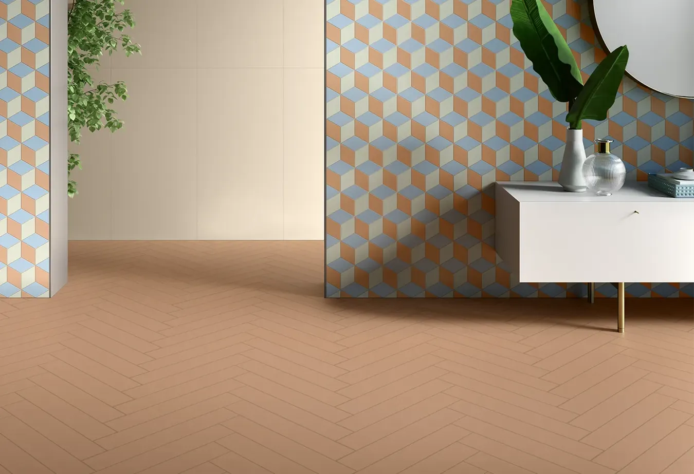Modern meets nature with terracotta resin-effect tiles from the Elements Design collection on the floor.