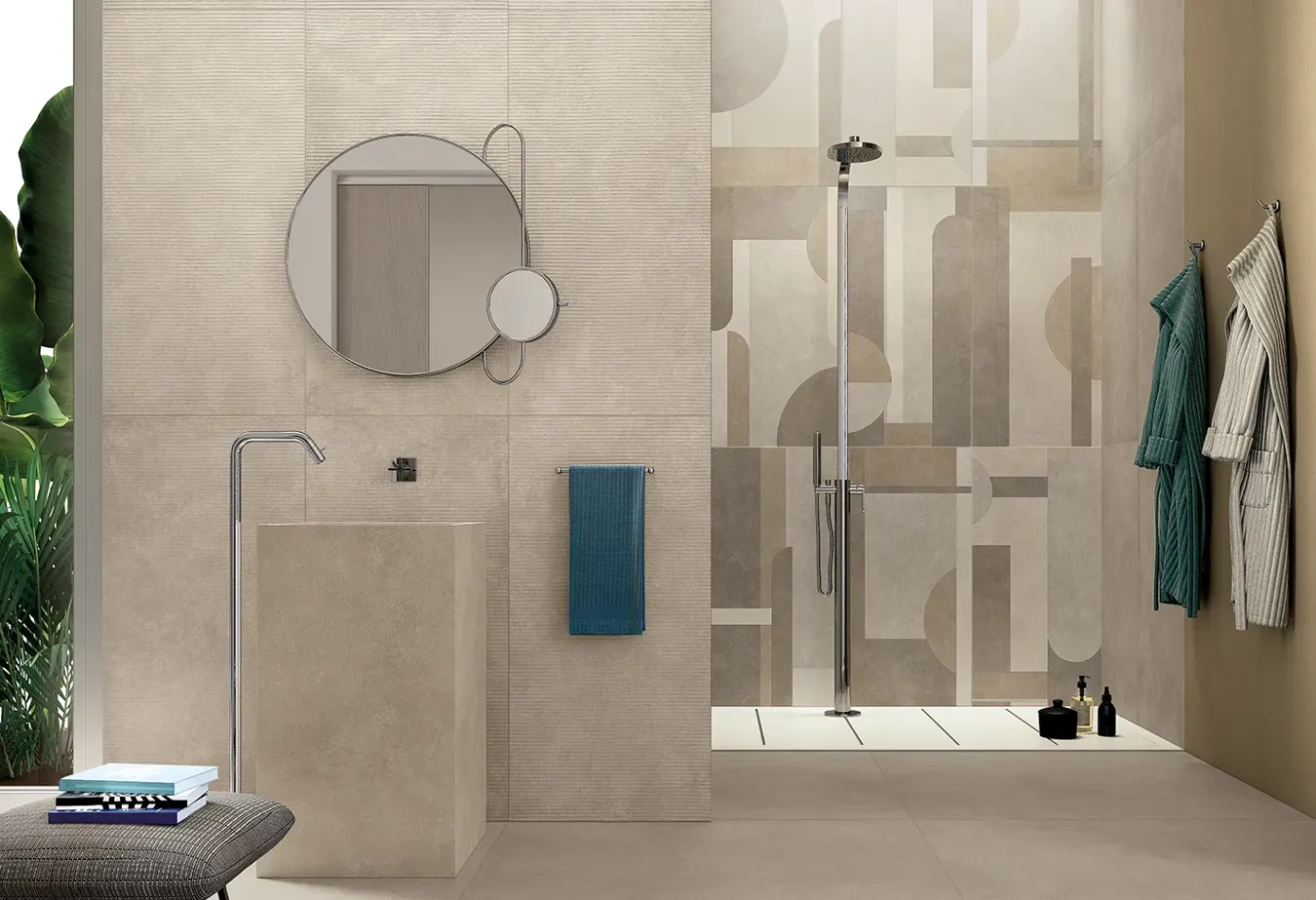 Piastrelle Geo Walnut con effetto resina, in bagno contemporaneo con specchio rotondo e dettagli cromati.