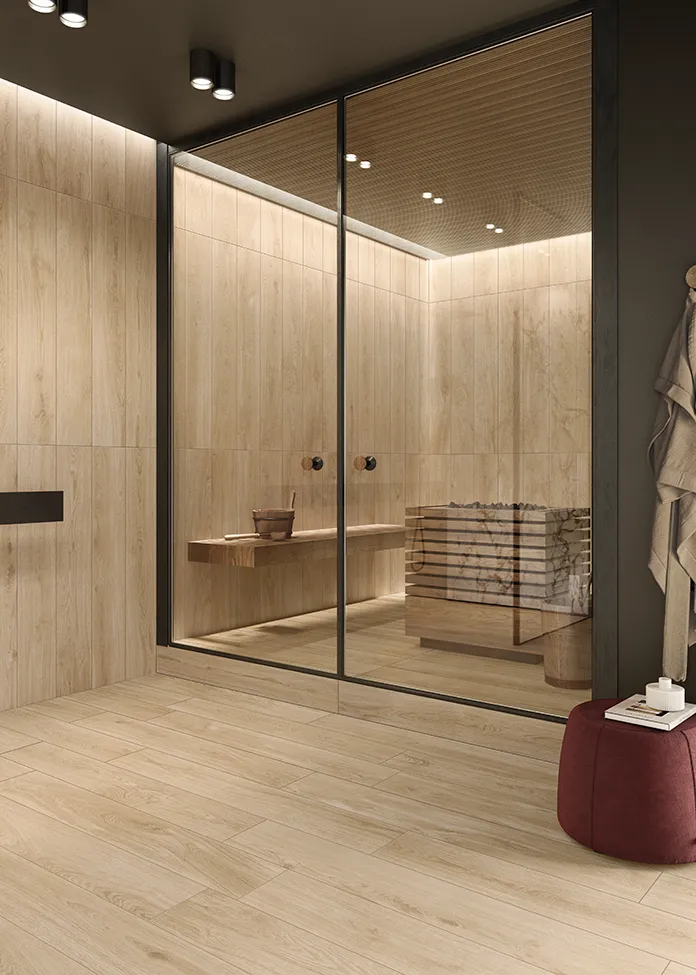 Modernes Badezimmer mit einer Duschkabine aus Sandfarbenem Holzeffekt-Feinsteinzeug, das eine warme, natürliche Atmosphäre schafft.