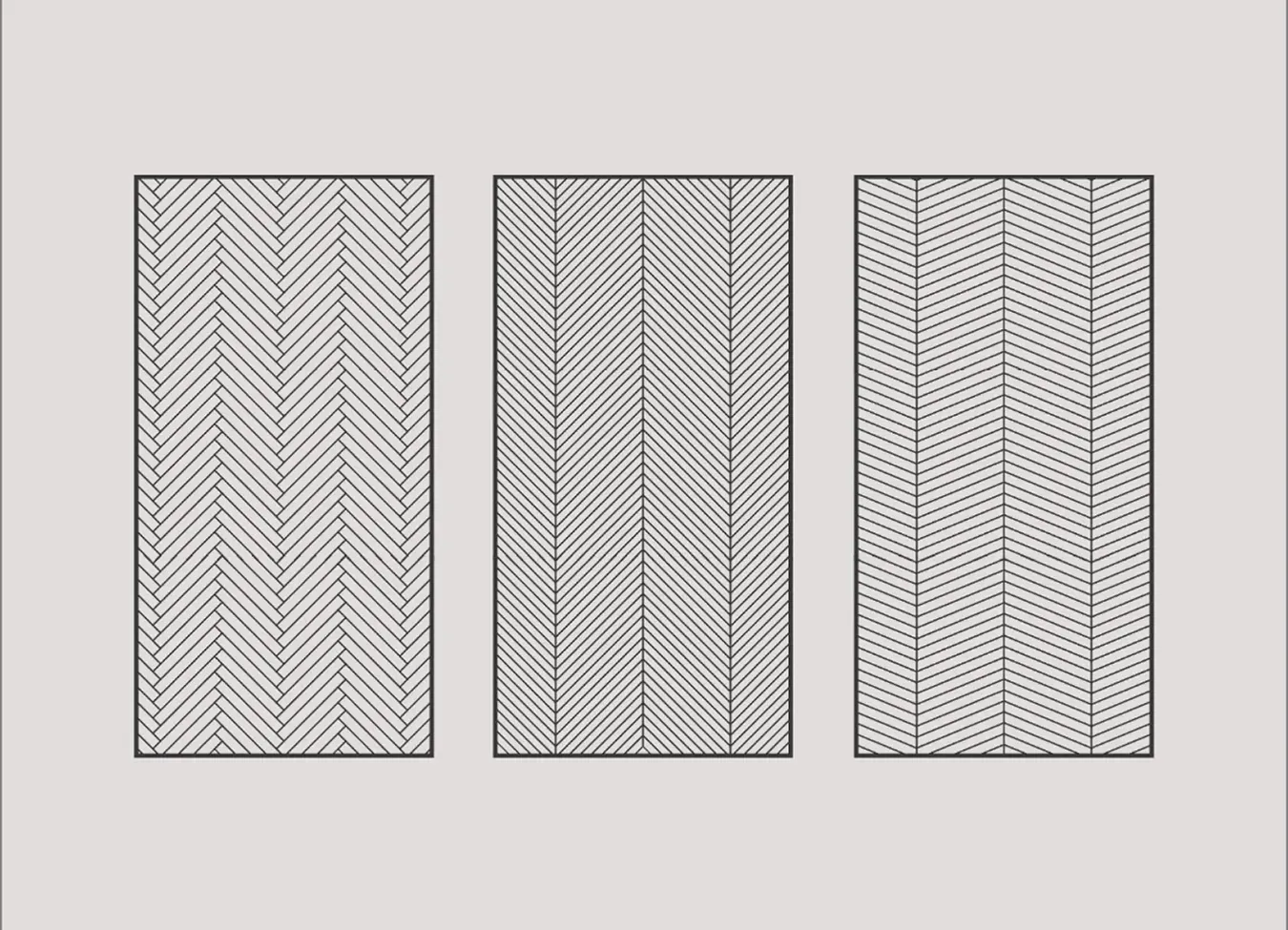 Diferencias entre los patrones de parquet espiga italiano, húngaro y francés, destacando los ángulos y configuraciones únicos.