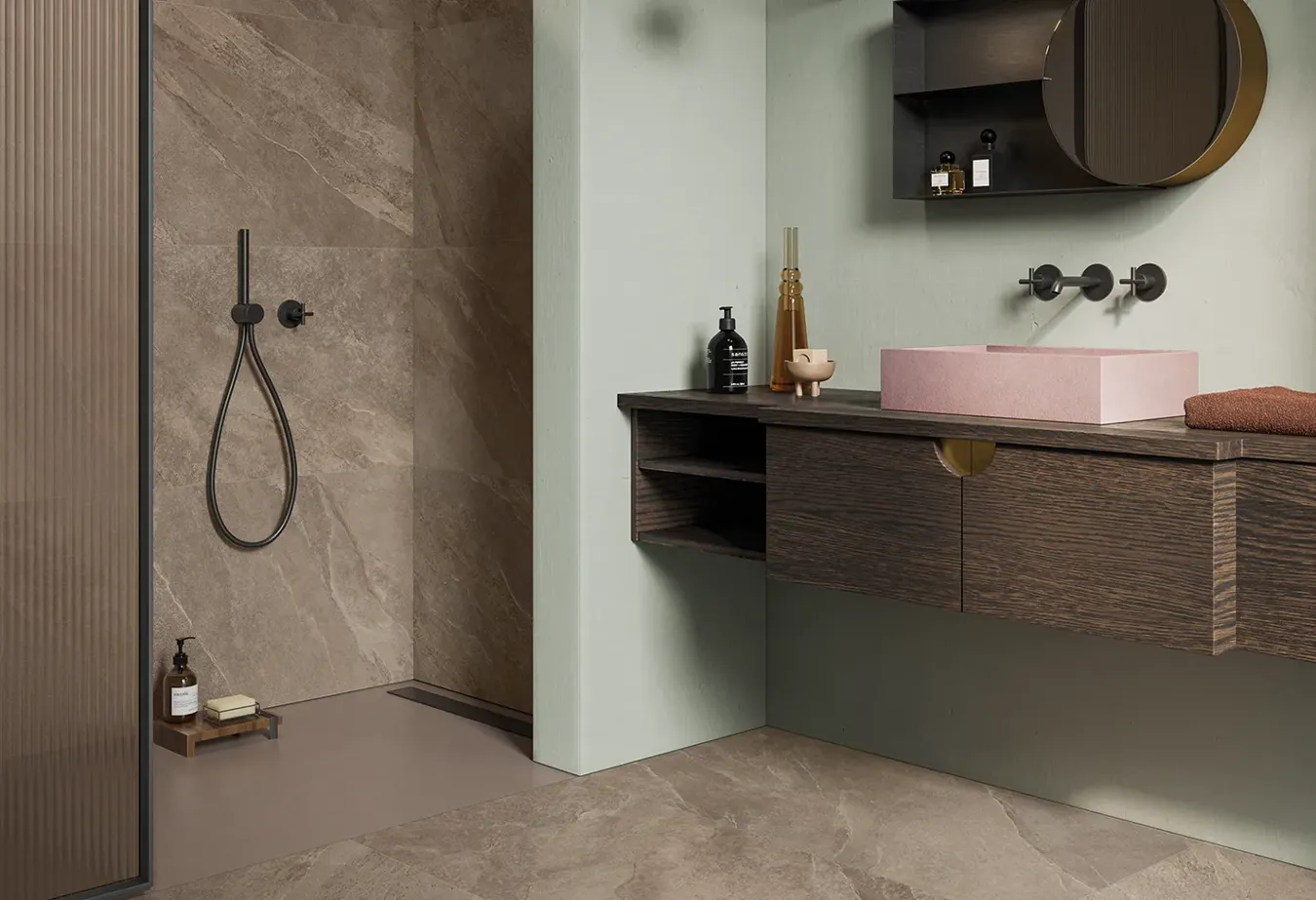 Chic bathroom with Ubik Walnut slate-effect porcelain stoneware wall and floor, dark wood cabinet, and pink basin.