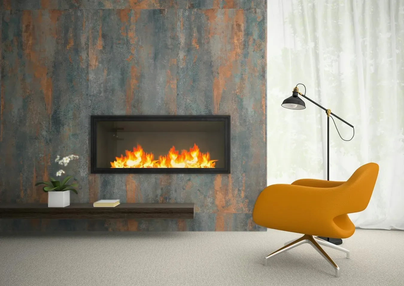 Sala de estar acogedora con chimenea de azulejos efecto metal Precious Gold, sillón amarillo moderno y lámpara de pie elegante