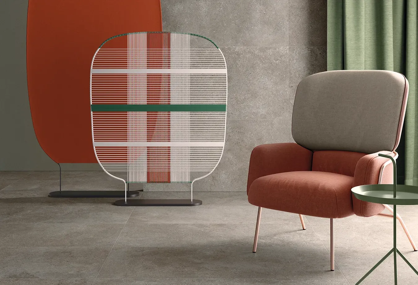 Pièce contemporaine avec carrelage Collection Brystone couleur Avana, paravent artistique et fauteuil design.