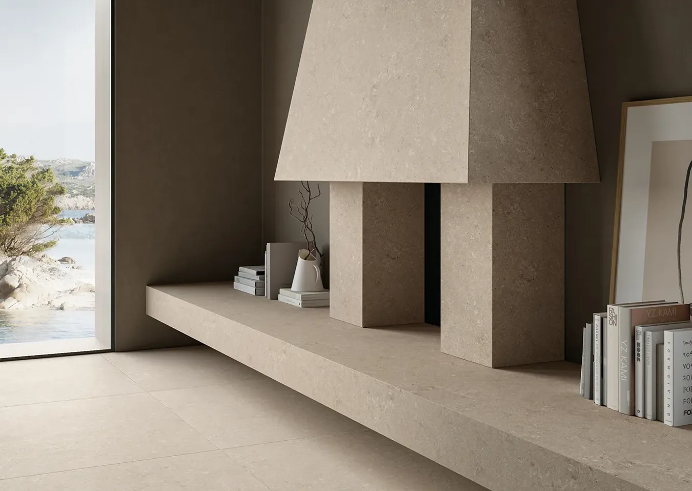 Design interno moderno con camino rivestito in piastrelle effetto pietra beige avorio, arredo minimalista e vista panoramica.