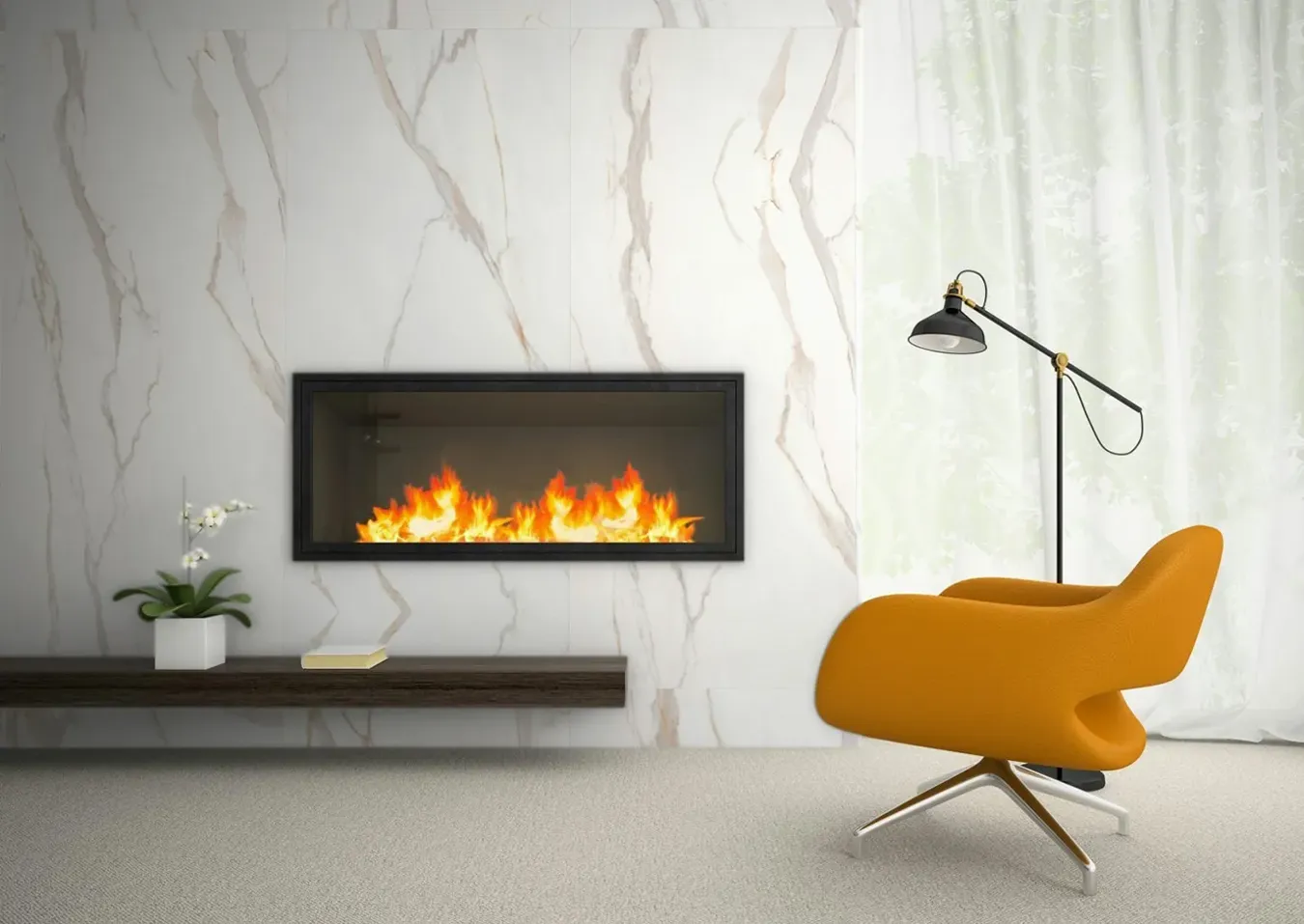 Salón sofisticado con chimenea de azulejos efecto mármol blanco, silla de diseño amarilla y lámpara de pie elegante