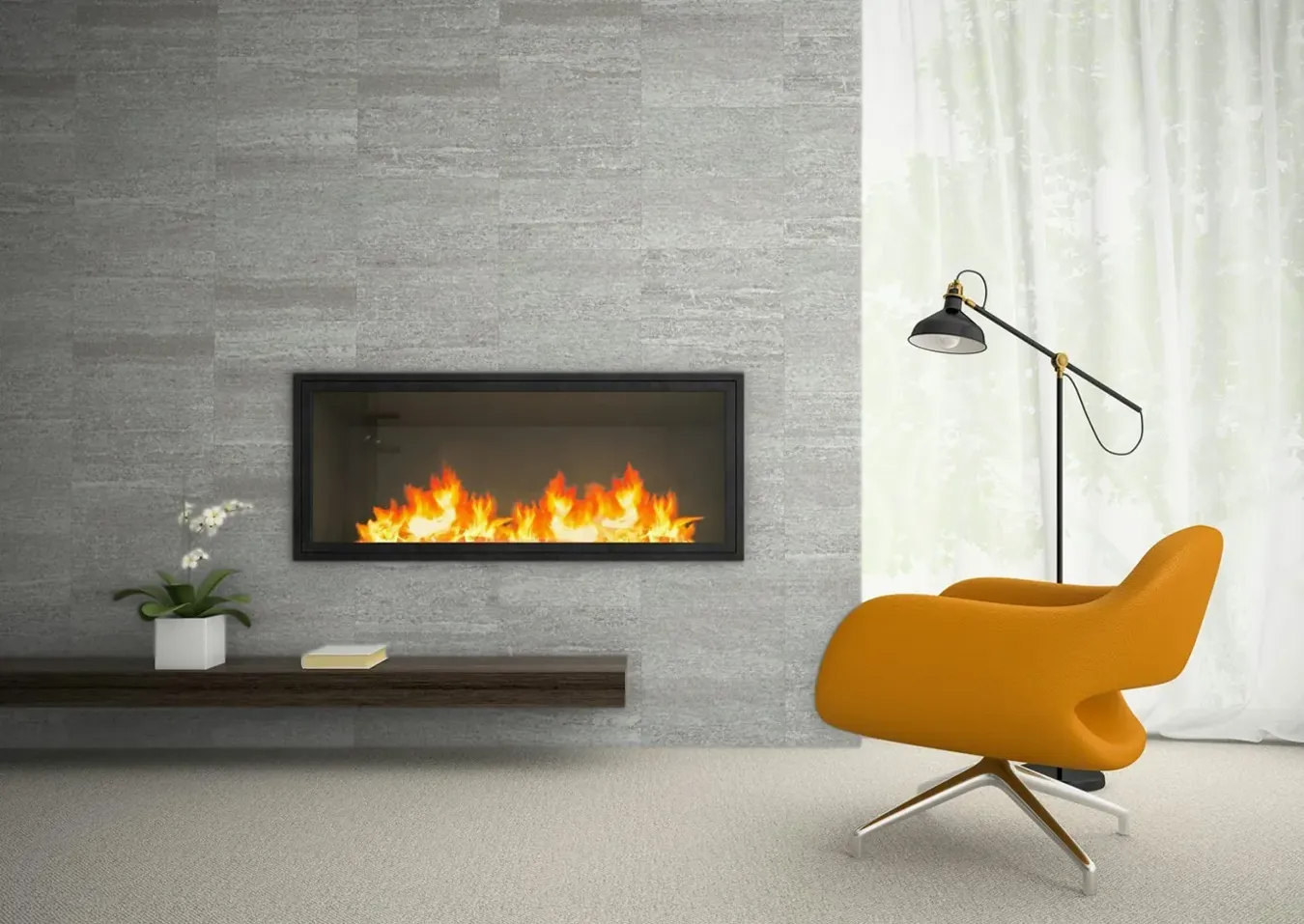 Современный интерьер с камином в серых плитках под камень, жёлтым дизайнерским креслом и напольной лампой