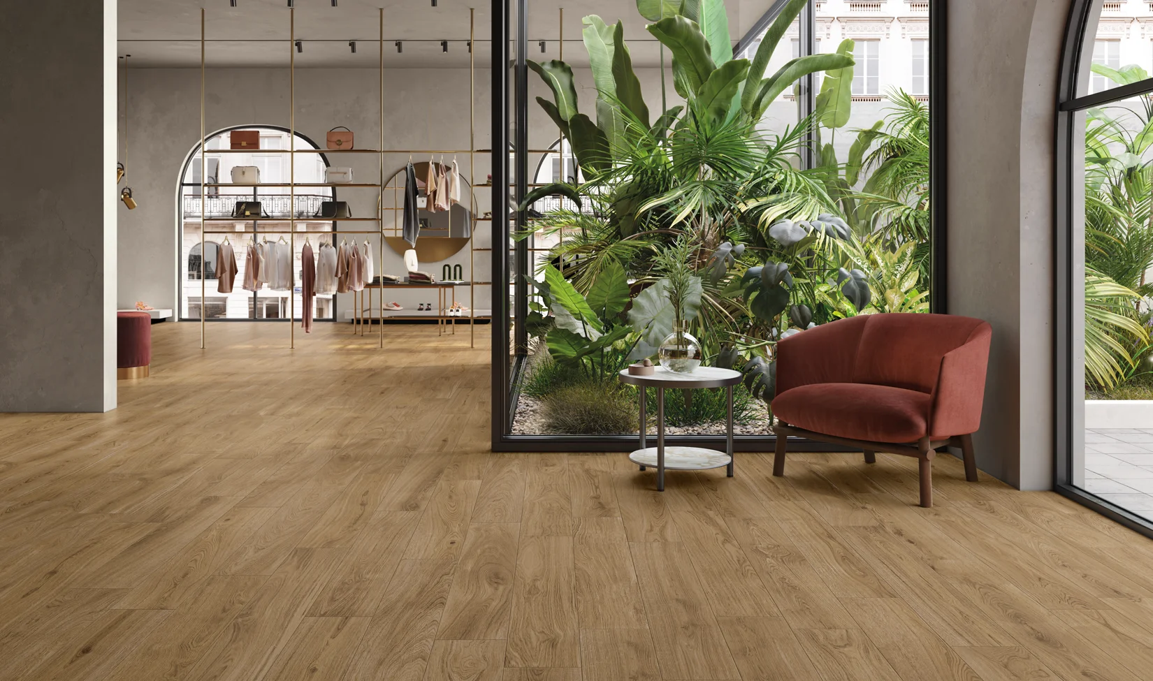 Negozio moderno con pavimento in gres porcellanato effetto legno e interni eleganti.