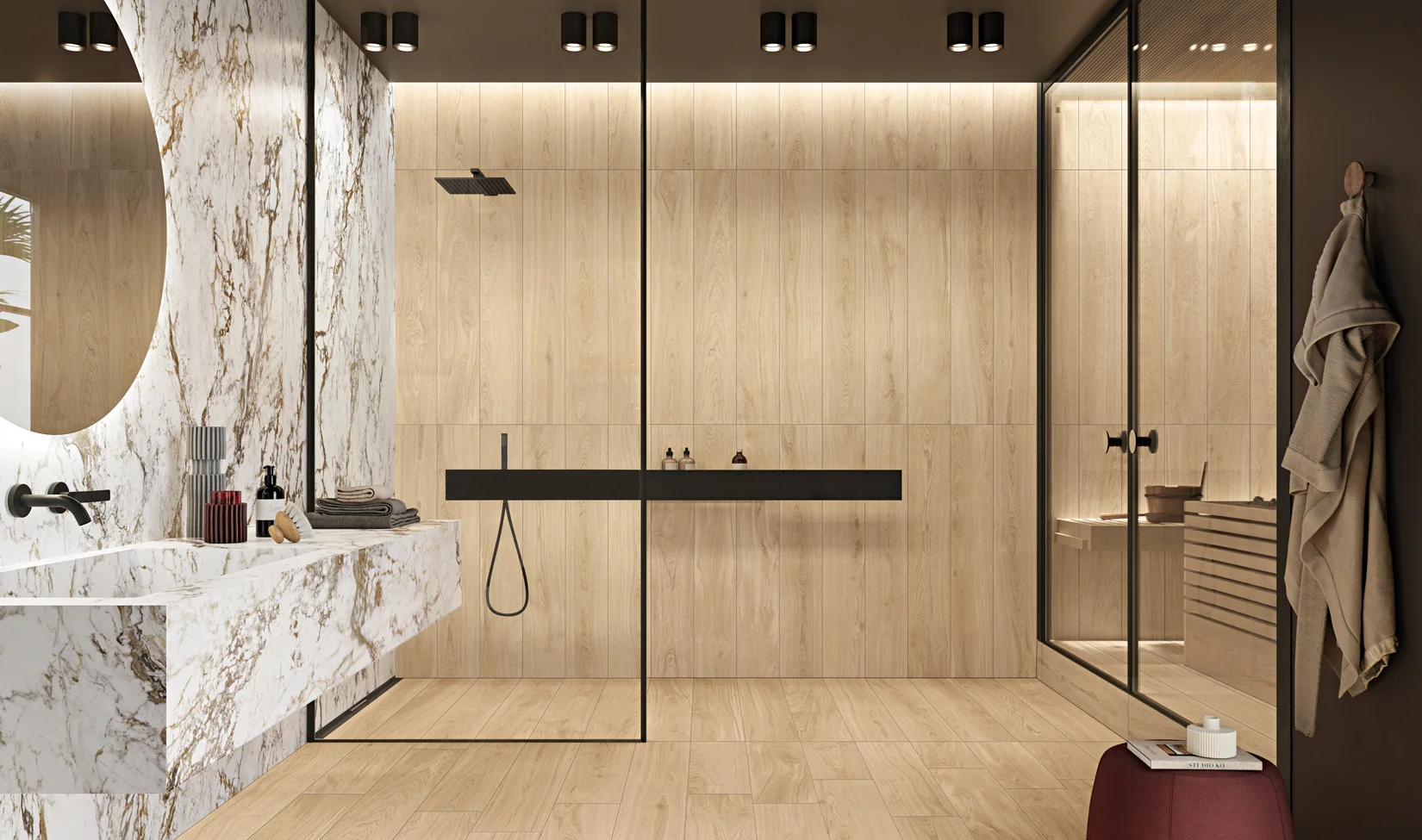 Bagno di design con pavimento e rivestimenti in gres porcellanato effetto legno, lavabo in marmo e doccia moderna.